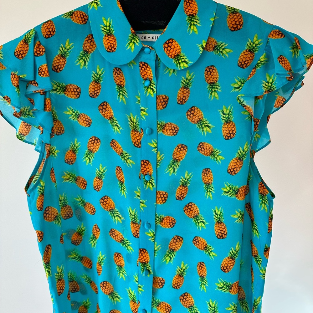 Alice + Olivia Blue Pineapple Print Blouse